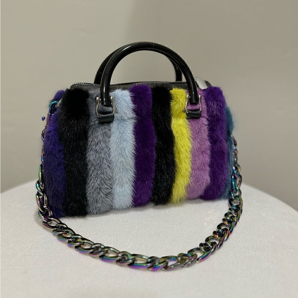 Multi Way Use Handmade Color-block Real Mink Fur Top Handles Satchel/Crossbody - Picture 5 of 16